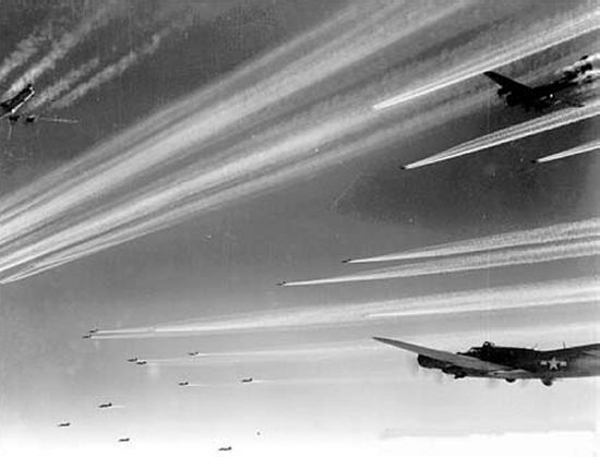 Contrails formed by a B-17 bomber column