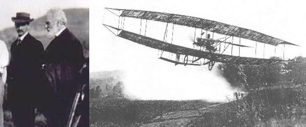 Glenn Curtiss, Alexander Graham Bell, and the June Bug showing its ailerons