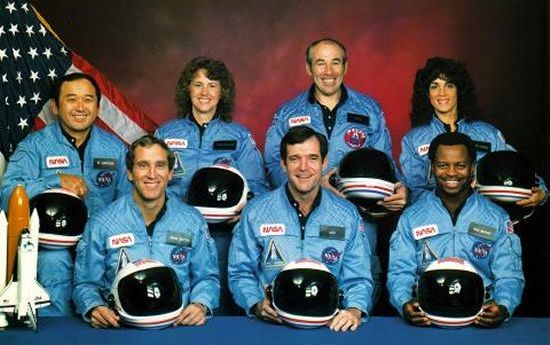 Challenger crew (l-r): Ellison Onizuka, Michael Smith, Christa McAuliffe, Dick Scobee, Gregory Jarvis, Ronald McNair, and Judith Resnik