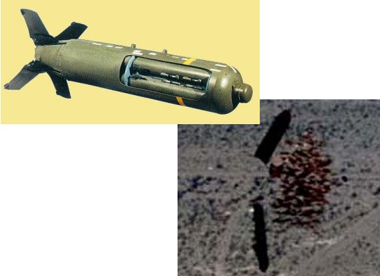 CBU-97 cutaway showing the submunitions within, and a Rockeye spreading its bomblets