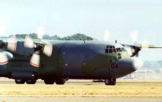 Colored bars making the rotating propeller tips of a C-130 easier to see