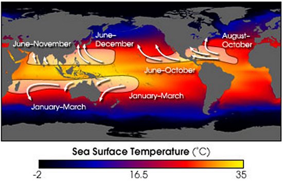 Hurricane or cyclone seasons in the Atlantic, Pacific, and Indian Oceans