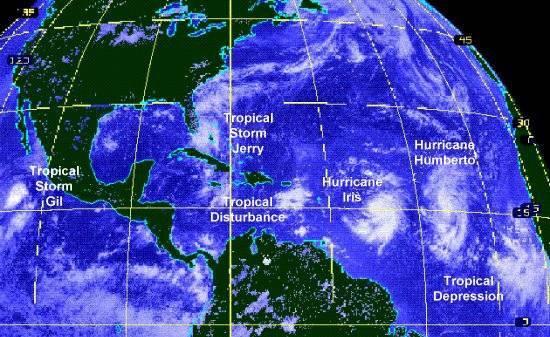 August 1995 satellite photo of tropical cyclones in various stages of development