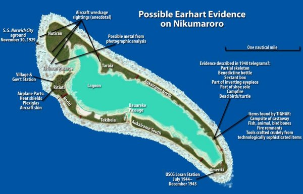 Map of Nikumaroro showing landmarks of interest