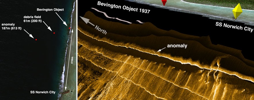 Sonar anomaly along the Nikumaroro reef that TIGHAR believes may be Electra wreckage