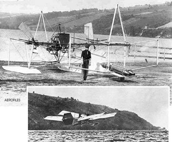 Langley full-scale aerodrome under repair by Curtiss and in flight