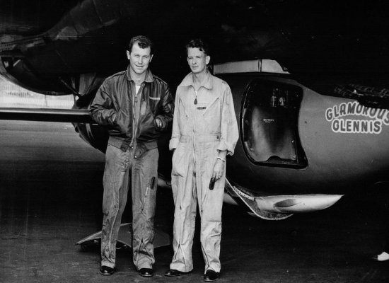 Chuck Yeager and Jack Ridley next to the X-1 and its B-29 mother plane