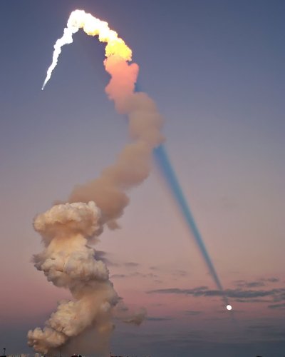 Solid Rocket Booster exhaust left behind during a Space Shuttle launch