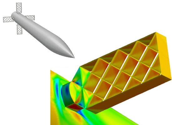 Example of grid fins on a missile body and a closeup of the lattice structure