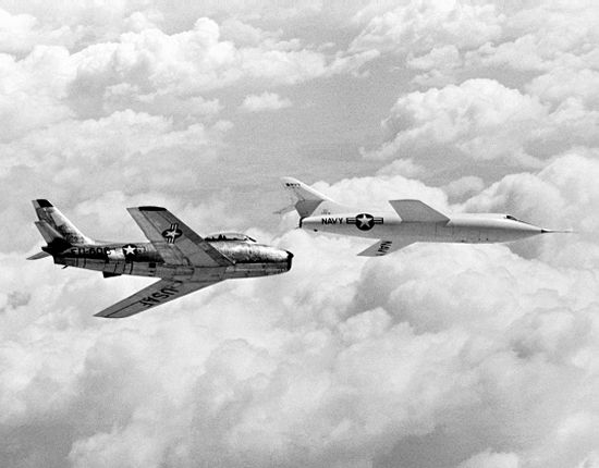 Actual photo of the D-558-2 Skyrocket in flight with an F-86 Sabre