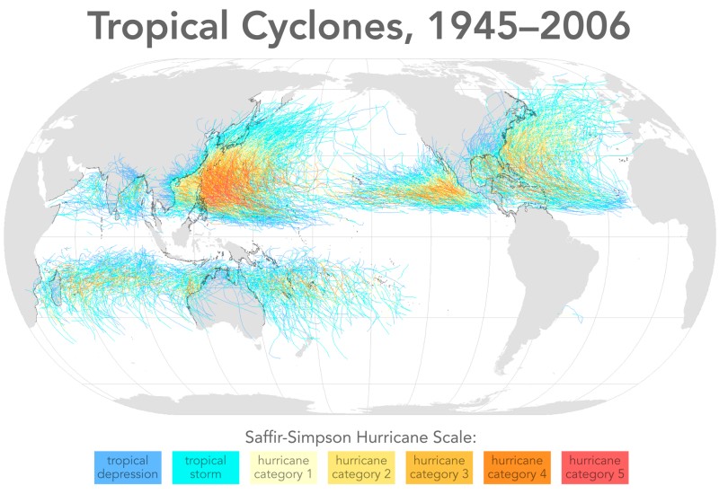 Regions of tropical cyclone activity around the world