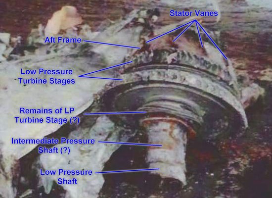 Closer view of the turbine section debris