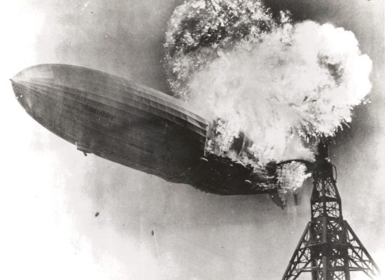 Internal framework of Hindenburg appearing as the outer skin is consumed by flame