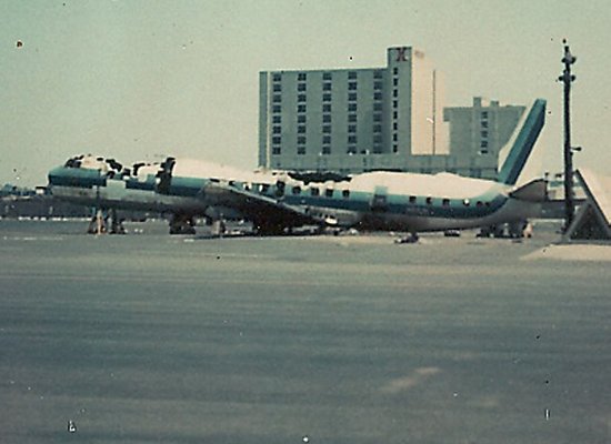 Charred remains of an Eastern Airlines Lockheed Electra bombed in 1976