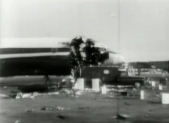 Heavily damaged forward fuselage of a TWA plane bombed by extortionists at Las Vegas in 1972